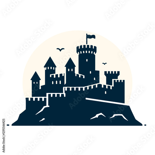 Minimalist medieval castle on a hill with towers.