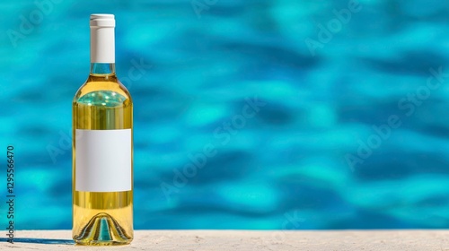 Chilled White Wine Bottle Mockup Set Against a Serene Poolside Backdrop on a Sunny Bright Day photo