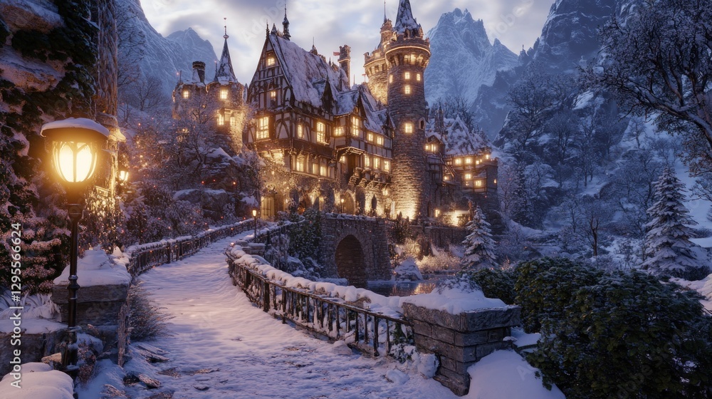 Obraz premium Fairytale castle sits nestled in a snow covered winter wonderland