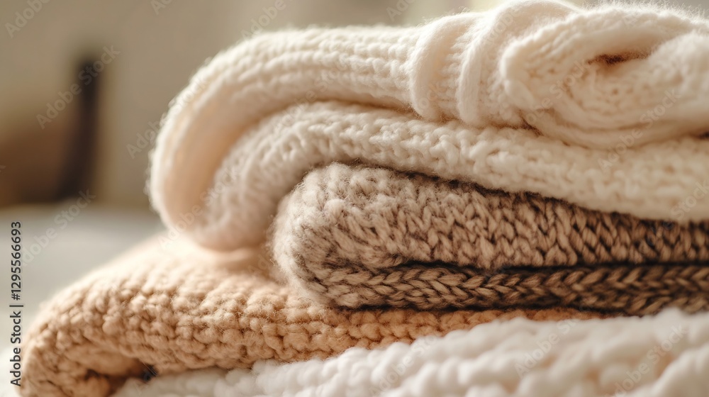 Cozy Arrangement of Soft Knitted Sweaters in Neutral Tones Perfect for Home Decor : Generative AI Cozy Arrangement of Soft Knitted Sweaters in Neutral Tones Perfect for Home Decor : Generative AI