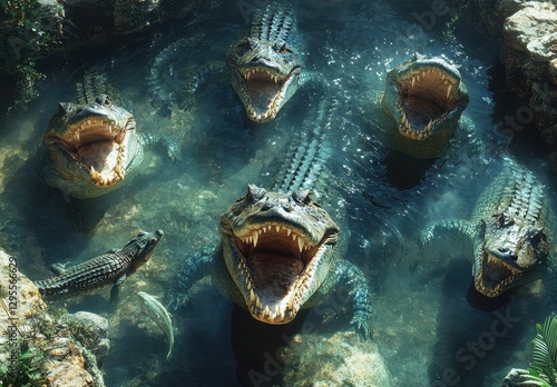 Aerial View of Multiple Crocodiles Emerging from Water with Open Mouths Surrounded by Lush Greenery in a Natural Habitat Setting