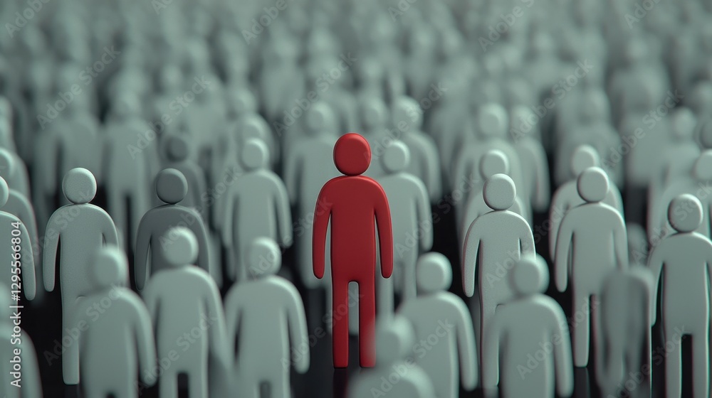 Fototapeta premium Unique Red Figure Among Gray Crowd Symbolizing Individuality and Diversity