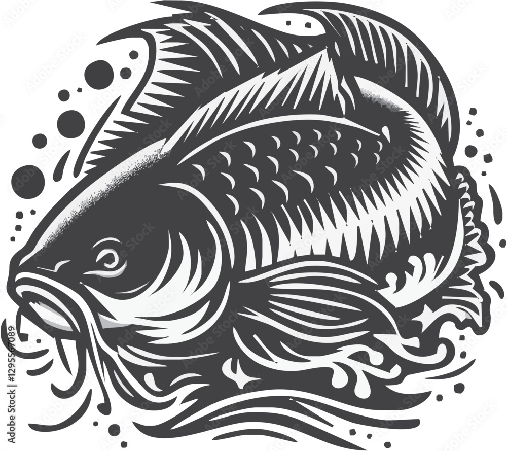 Fototapeta premium Artistic illustration of a koi fish swimming amidst swirling water and bubbles