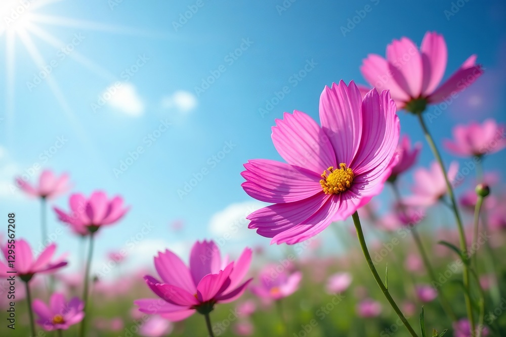 Vibrant cosmos flowers blooming against a blue sky on a sunny spring day, nature, vibrant Vibrant cosmos flowers blooming against a blue sky on a sunny spring day, nature, vibrant