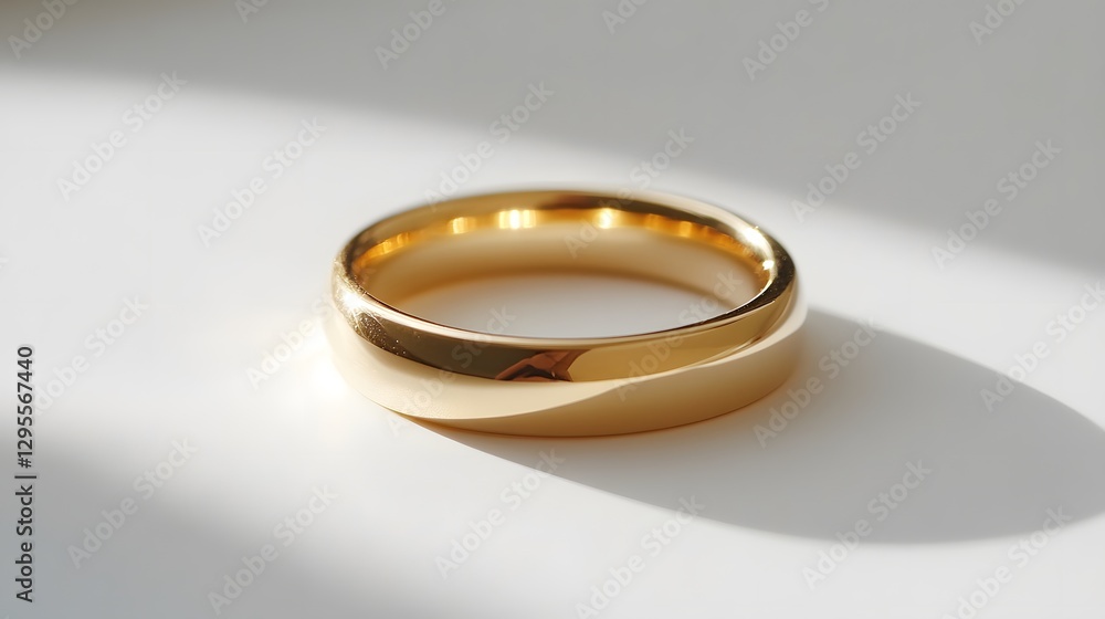 A close-up of a classic gold wedding band with polished and smooth texture, resting on a white surface