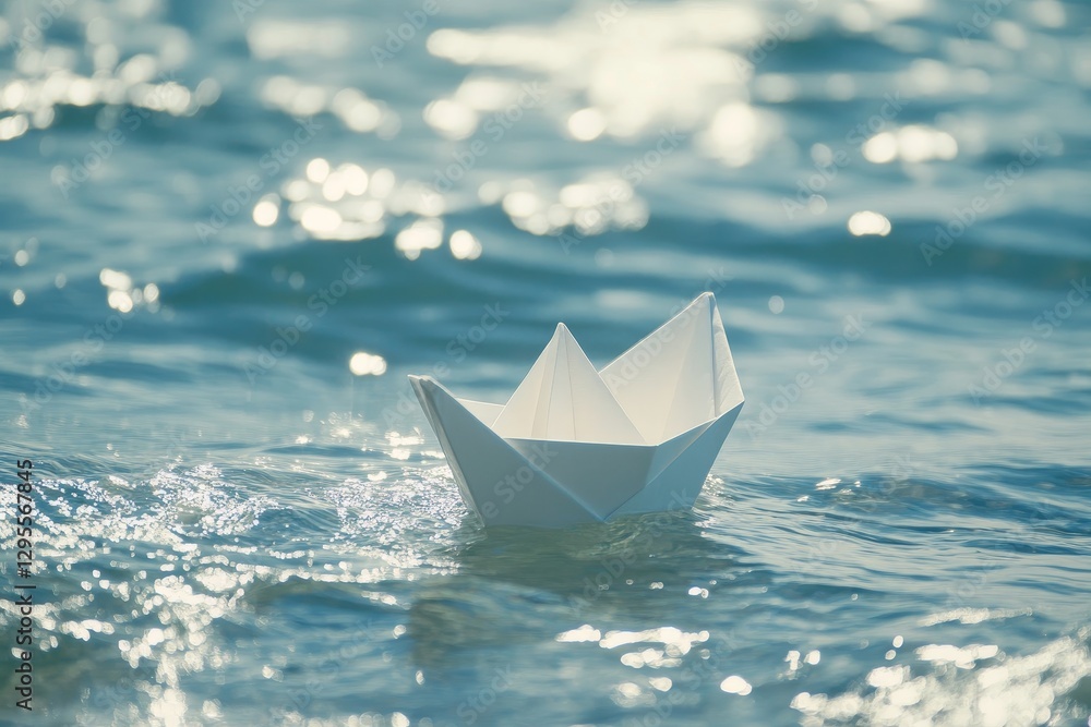 White Paper Boat Floating on Calm Water Reflection of Light White Paper Boat Floating on Calm Water Reflection of Light