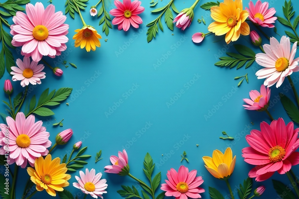 Vibrant geometric floral pattern design with daisy and tulip blooms on blue background, daisy, floral Vibrant geometric floral pattern design with daisy and tulip blooms on blue background, daisy, floral