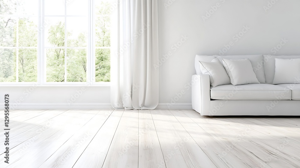Fototapeta premium Modern minimalist interior design with bright light coming through large windows and a cozy couch : Generative AI