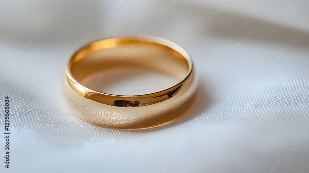 A close-up of a classic gold wedding band with polished and smooth texture, resting on a white surface A close-up of a classic gold wedding band with polished and smooth texture, resting on a white surface