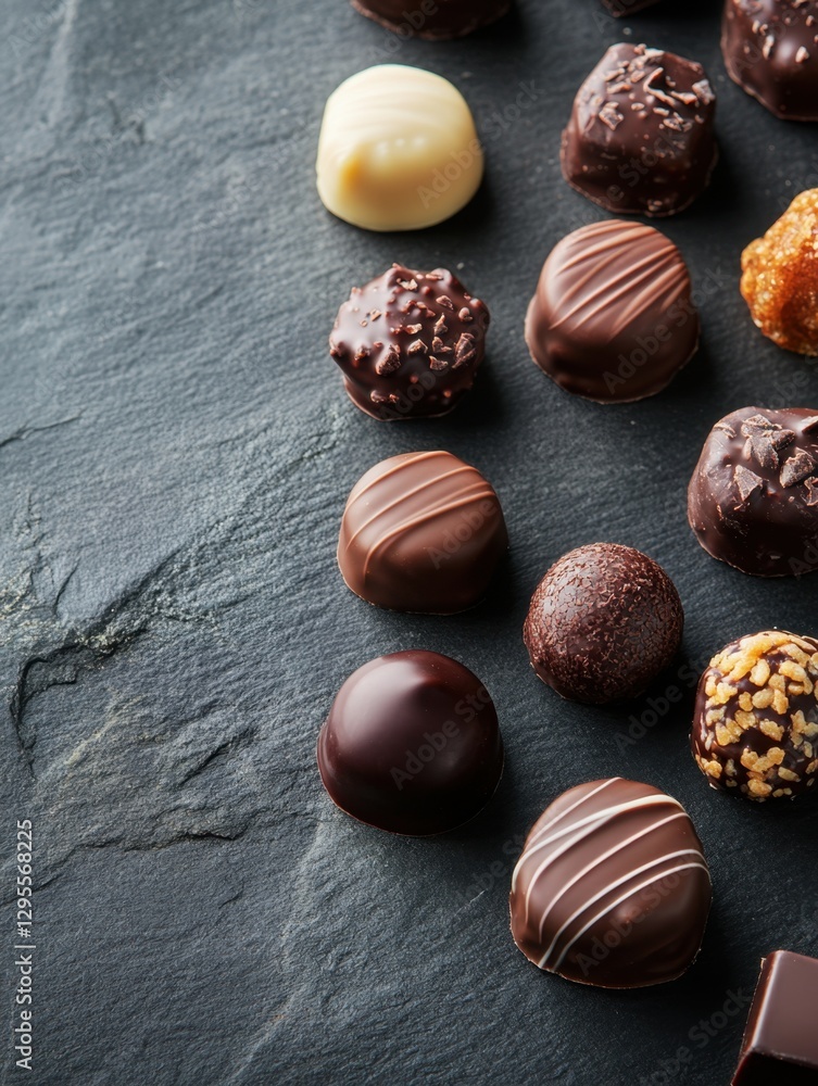 Obraz premium Assorted chocolate pralines on dark slate background showcasing variety and richness in a studio setting with a high angle view