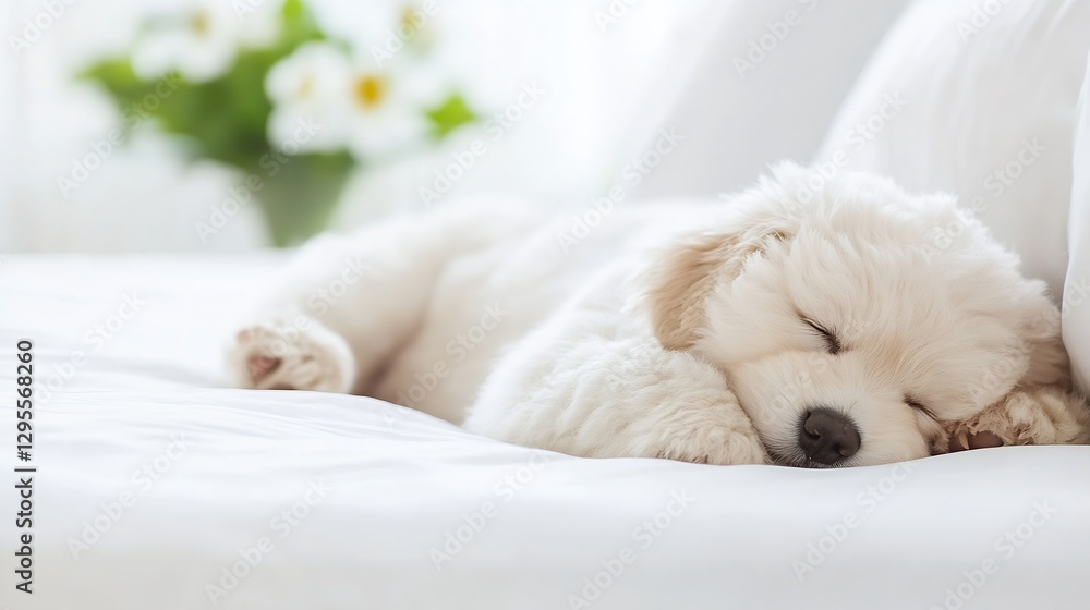 Cute fluffy puppy sleeping peacefully on a cozy bed with a bouquet in the background : Generative AI Cute fluffy puppy sleeping peacefully on a cozy bed with a bouquet in the background : Generative AI