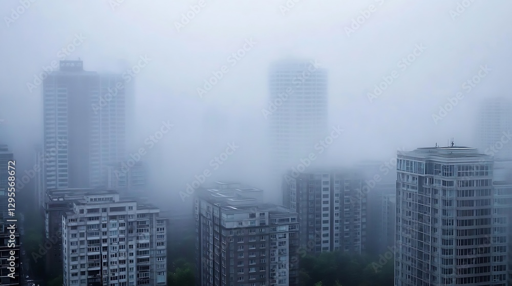 Obraz premium Foggy cityscape view with tall buildings hidden in mysterious mist : Generative AI