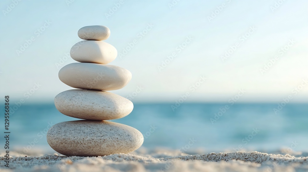 Calm Beach Scene with a Stack of Smooth Stones Symbolizing Balance and Tranquility by the Water : Generative AI Calm Beach Scene with a Stack of Smooth Stones Symbolizing Balance and Tranquility by the Water : Generative AI