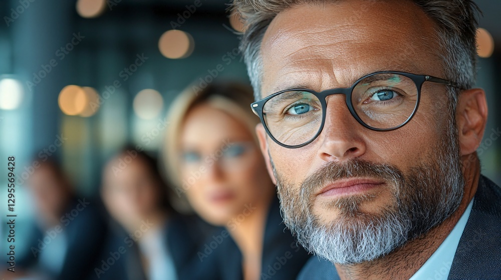 Man with glasses dressed in a suit posing elegantly against a contemporary background while exuding professionalism Man with glasses dressed in a suit posing elegantly against a contemporary background while exuding professionalism