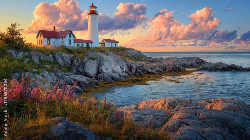 Fototapeta premium Seascape at Sunset Lighthouse on Rocky Coast