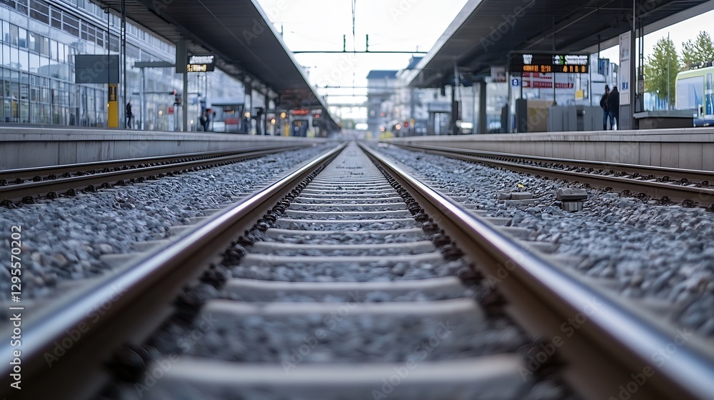 Close up perspective of railway tracks leading towards a busy train station in an urban setting : Generative AI Close up perspective of railway tracks leading towards a busy train station in an urban setting : Generative AI