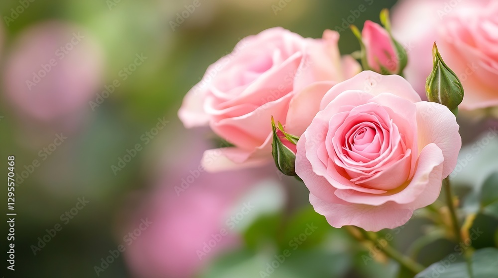 Delicate pink roses blooming with soft focus against a blurred green background showcasing beauty of nature : Generative AI Delicate pink roses blooming with soft focus against a blurred green background showcasing beauty of nature : Generative AI