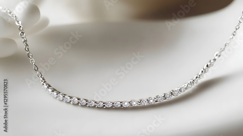 A silver anklet adorned with small diamonds, delicately lying on a white smooth surface