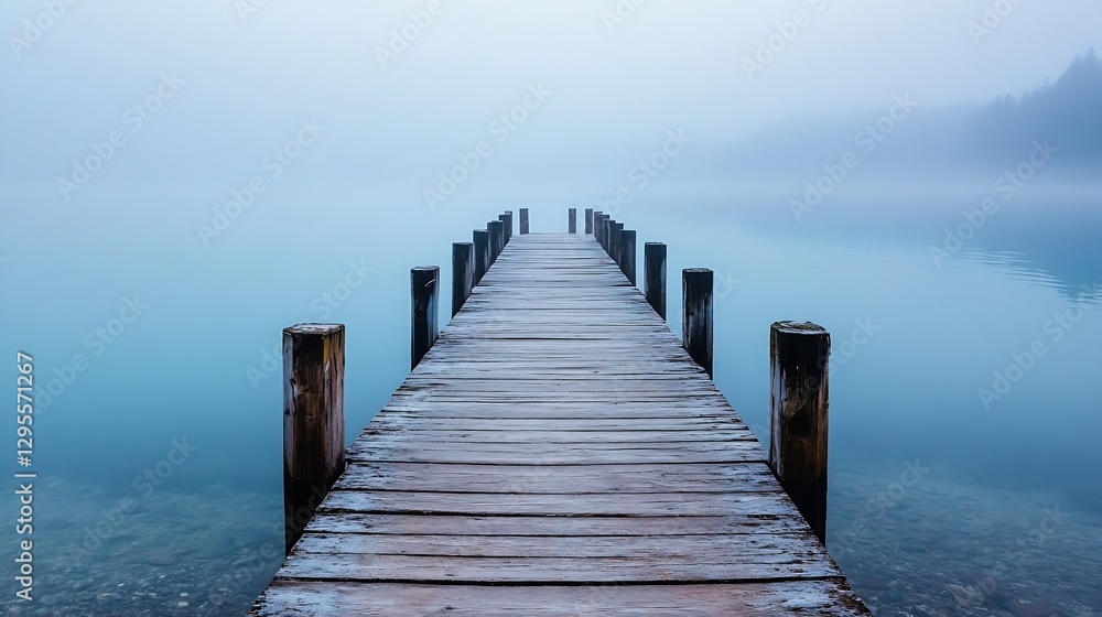 Fototapeta premium Misty lake dock extending into the calm waters under an ethereal fog creating a serene and peaceful atmosphere : Generative AI