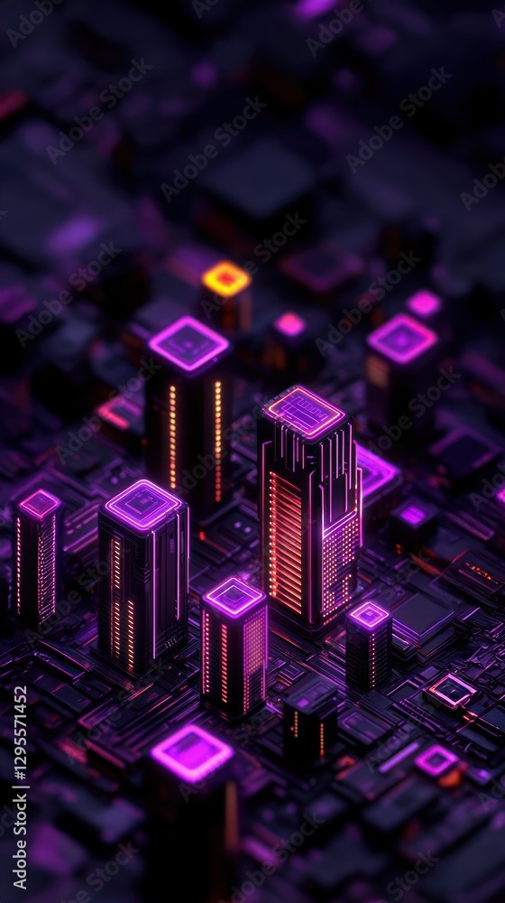 Fototapeta premium Cityscape made of circuit boards with neon lights, symbolizing BIM modeling, Futuristic building information and digital architecture visualization