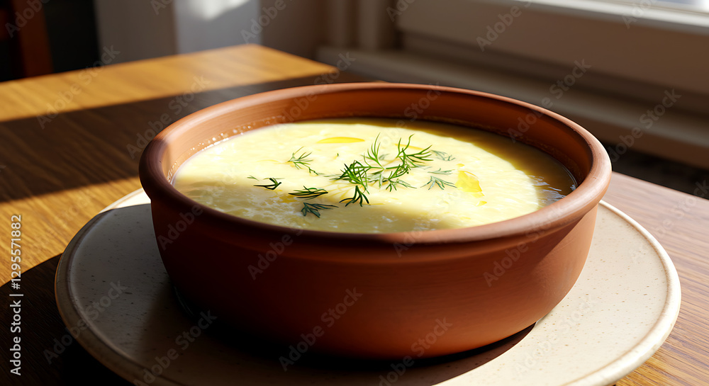 Greek avgolemono soup, chicken and rice soup with egg-lemon sauce Greek avgolemono soup, chicken and rice soup with egg-lemon sauce