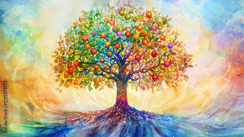 vibrant watercolor depiction of Tree of Life, adorned with colorful apples and rich foliage, radiating joy and vitality