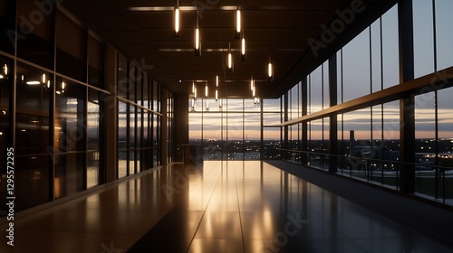 Wallpaper Mural Modern Architectural Office Interior with Floor to Ceiling Windows at Dusk : Generative AI Torontodigital.ca