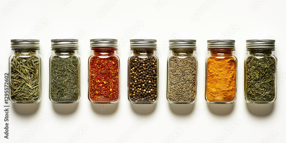 A row of glass jars filled with various dried spices and herbs, neatly arranged against a white background, showcasing vibrant colors and textures A row of glass jars filled with various dried spices and herbs, neatly arranged against a white background, showcasing vibrant colors and textures