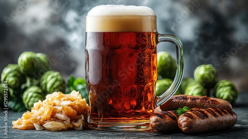 Amber Mrzen Oktoberfest beer in a stein with bratwurst, sauerkraut, and hops photo