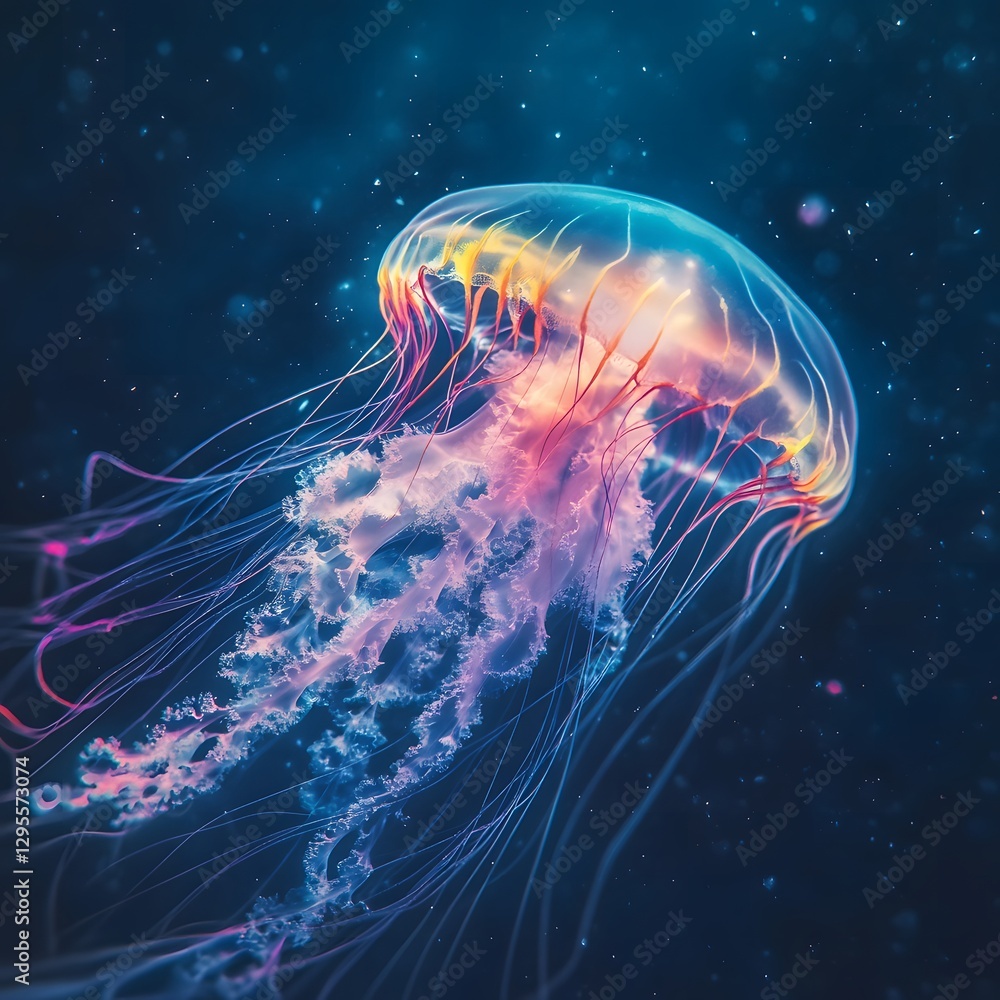 Obraz premium A translucent jellyfish with glowing rainbow tendrils floating in deep ocean, photorealistic