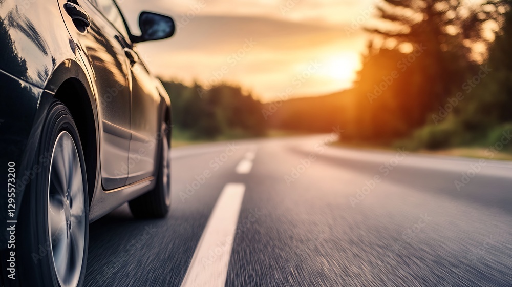 Fototapeta premium Dynamic Car Journey on the Open Road During Sunset with Scenic Views : Generative AI