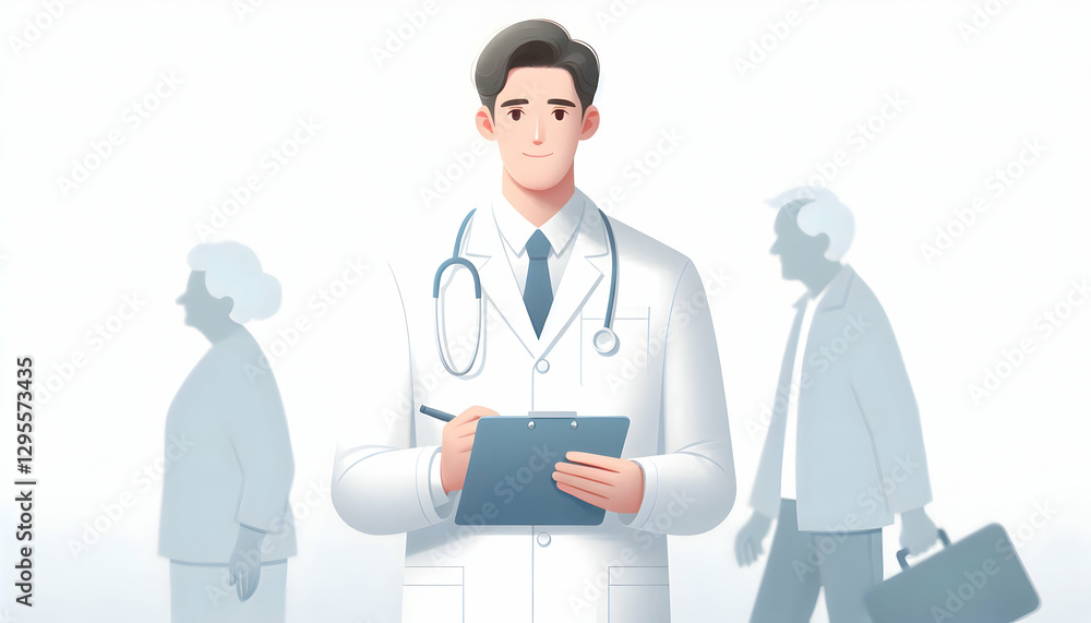Senior Hospital A clean, minimalist cartoon depiction of a doctor in a white lab coat with a clipboard, focusing on 3 Senior Hospital A clean, minimalist cartoon depiction of a doctor in a white lab coat with a clipboard, focusing on 3