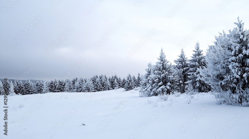 Serene Winter Scene with SnowCovered Evergreen Trees and an Overcast Gray Sky in a Peaceful Setting : Generative AI