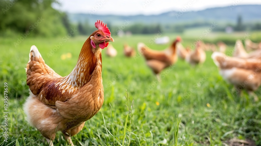 Fototapeta premium Free Range Chicken in Natural Farm Environment Roaming on Green Grass Under a Clear Sky : Generative AI