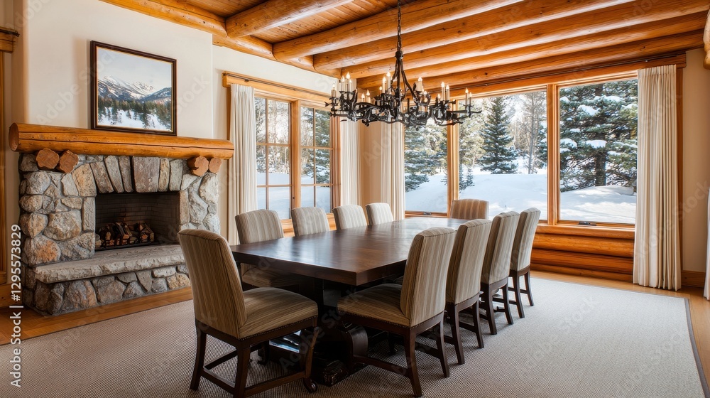 Fototapeta premium Elegant log cabin dining room with snowy view and cozy fireplace
