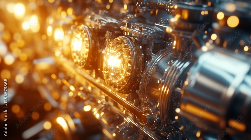 Fototapeta premium Dynamic engine components illuminated in industrial workshop close-up photography technological marvels industrial environment artistic viewpoint