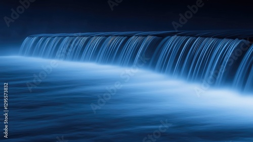 Night waterfall cascading over dam, serene glow