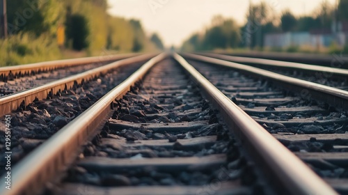 Captivating Close Up View of Railway Tracks at Sunset Creating a Serene Landscape Scene : Generative AI