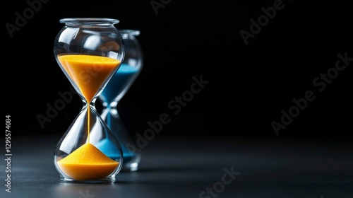 Hourglass Sand Time Flowing Measurement of Passing Time Against Dark Background with Reflection photo