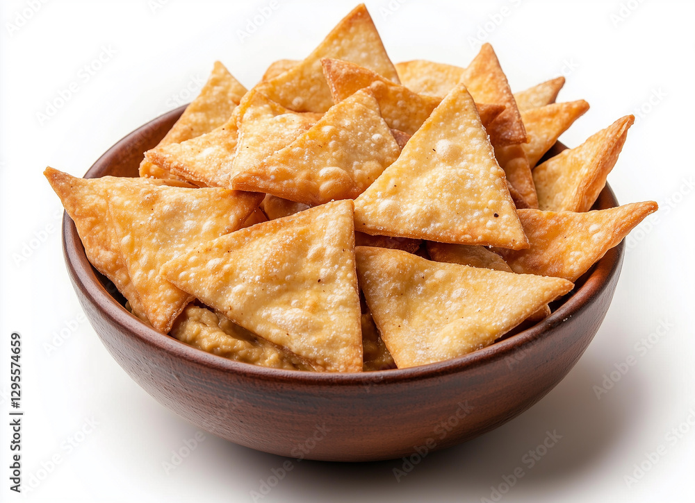 Crispy Triangular Tortilla Chips in a Wooden Bowl with Hummus Dip on White Background Crispy Triangular Tortilla Chips in a Wooden Bowl with Hummus Dip on White Background