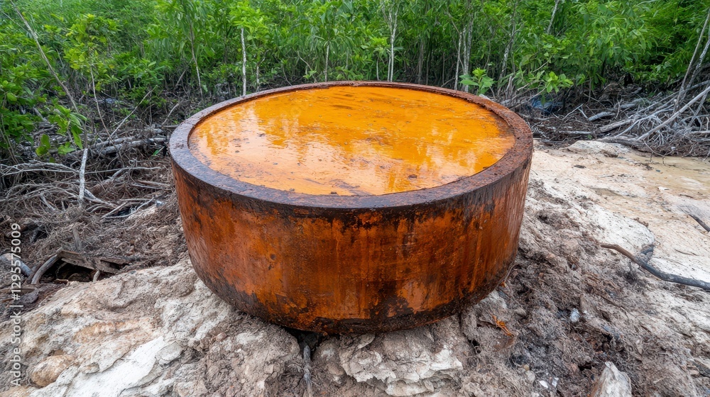 Round Wooden Structure with Glossy Orange Surface in Natural Setting Round Wooden Structure with Glossy Orange Surface in Natural Setting