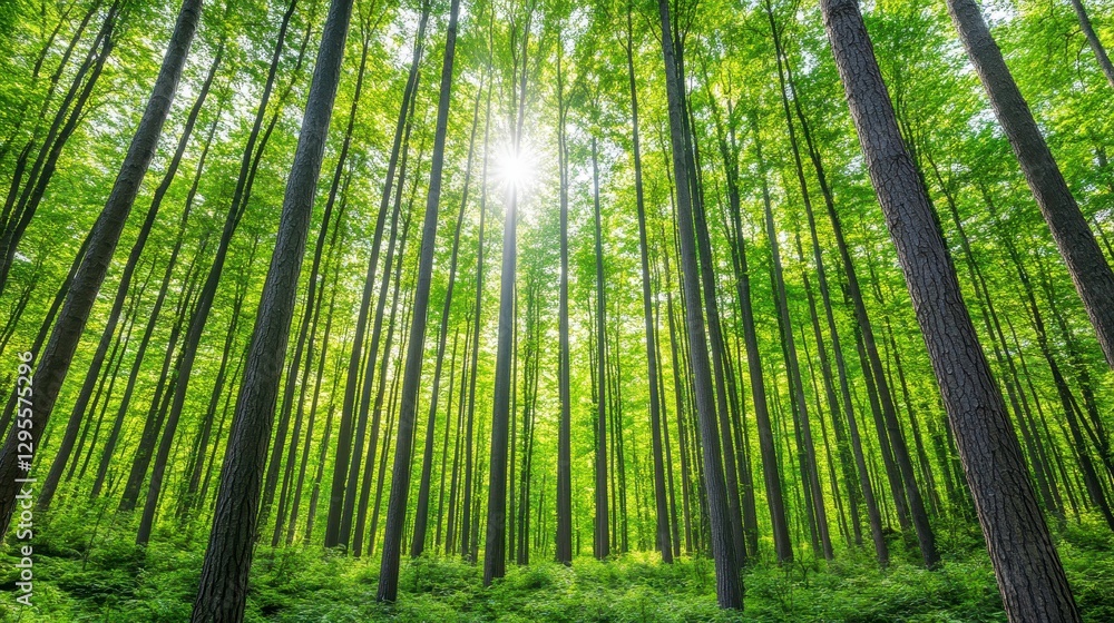 Lush Green Forest with Sunlight Streaming Through Trees in Spring Lush Green Forest with Sunlight Streaming Through Trees in Spring