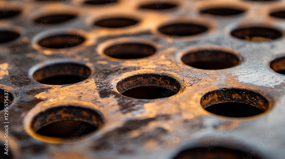 Rusty metal grate showing intricate circular patterns under dramatic lighting : Generative AI Rusty metal grate showing intricate circular patterns under dramatic lighting : Generative AI