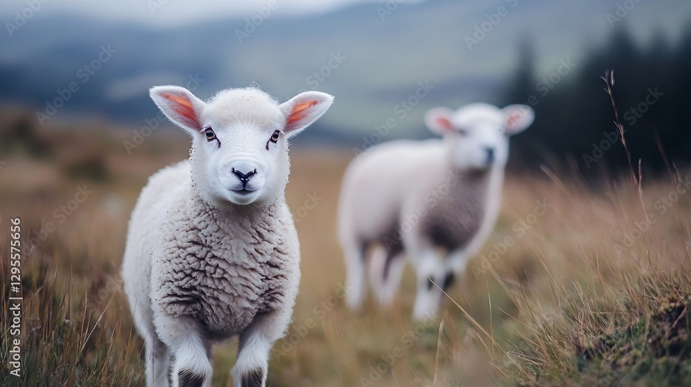 Cute sheep grazing in a beautiful green meadow under a cloudy sky : Generative AI Cute sheep grazing in a beautiful green meadow under a cloudy sky : Generative AI