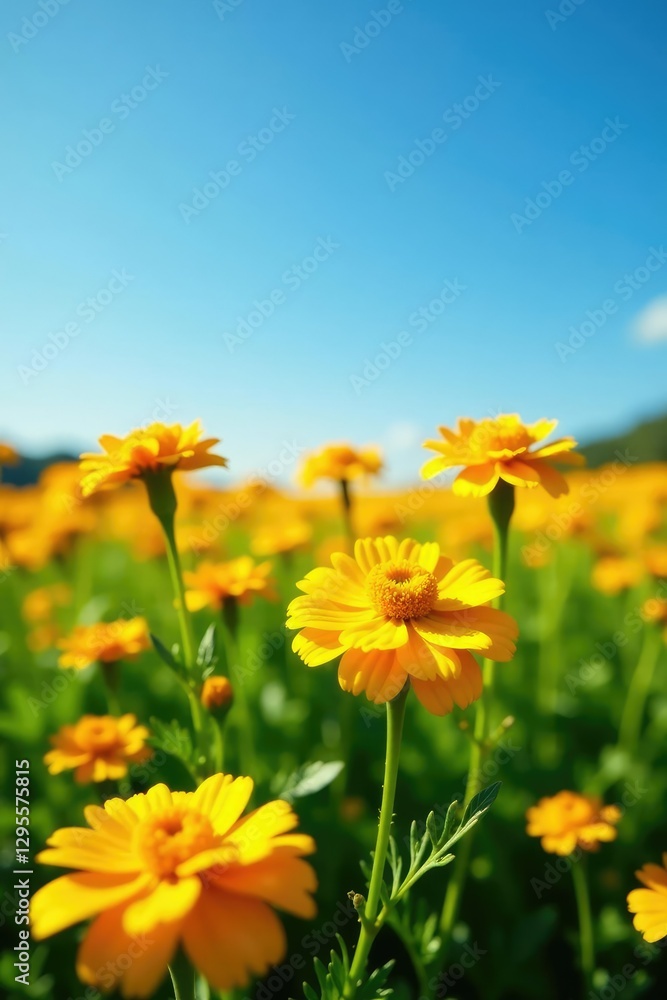 A field of yellow marigold flowers stretching towards a clear blue sky, blooming, greenery A field of yellow marigold flowers stretching towards a clear blue sky, blooming, greenery