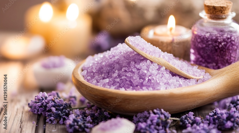 Relaxing Lavender Spa Setup with Salt and Candles for Aromatherapy : Generative AI Relaxing Lavender Spa Setup with Salt and Candles for Aromatherapy : Generative AI
