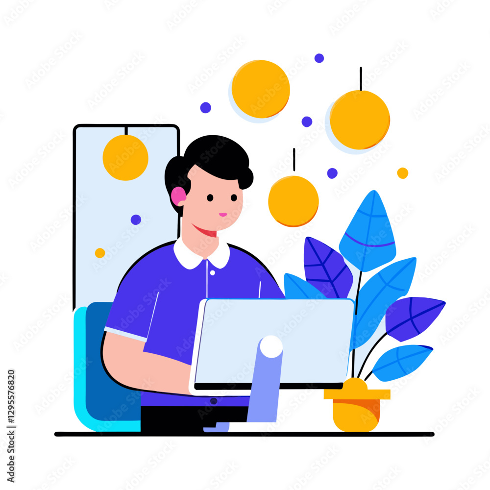 Young male professional working at a computer in a modern office setting. Focused on a computer task with stylized office decor. Young adult male office worker at a home office - Young male professional working at a computer in a modern office setting. Focused on a computer task with stylized office decor. Young adult male office worker at a home office -