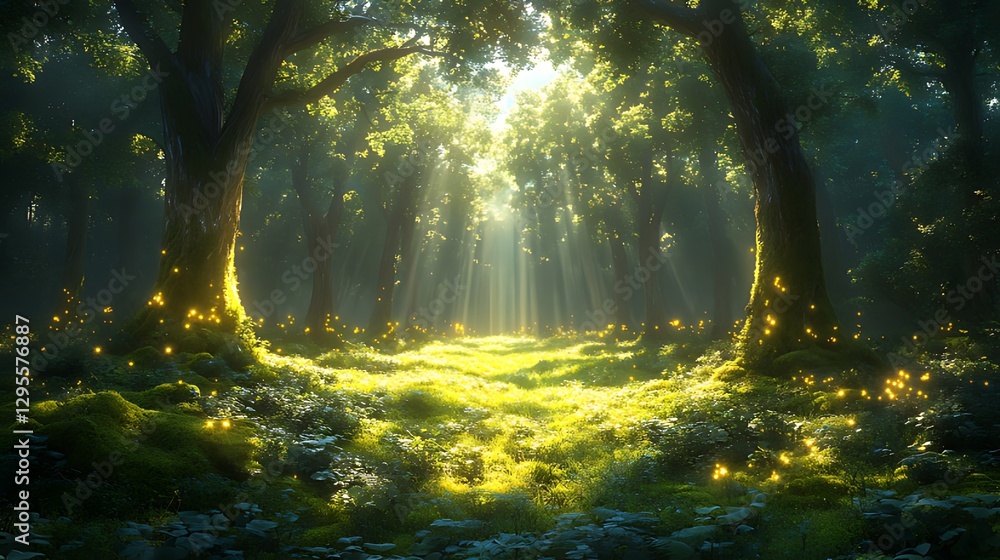 Fototapeta premium Sunlit magical forest path, glowing moss, fantasy background, game design
