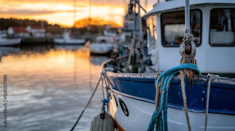 Obraz premium Beautiful Sunset Reflection Over Calm Water at a Harbor with Boats : Generative AI