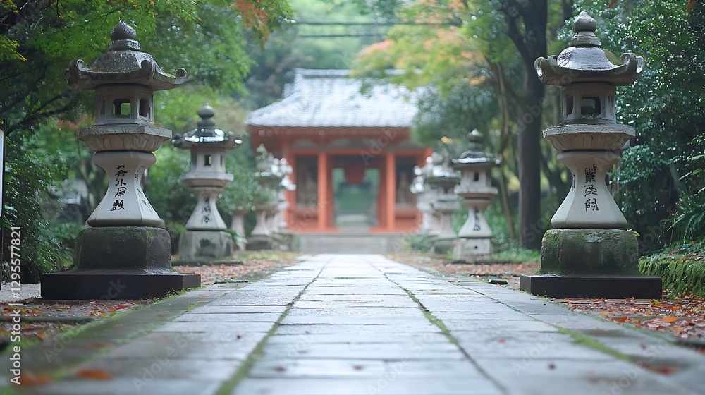 Obraz premium Stone lanterns path, autumn temple